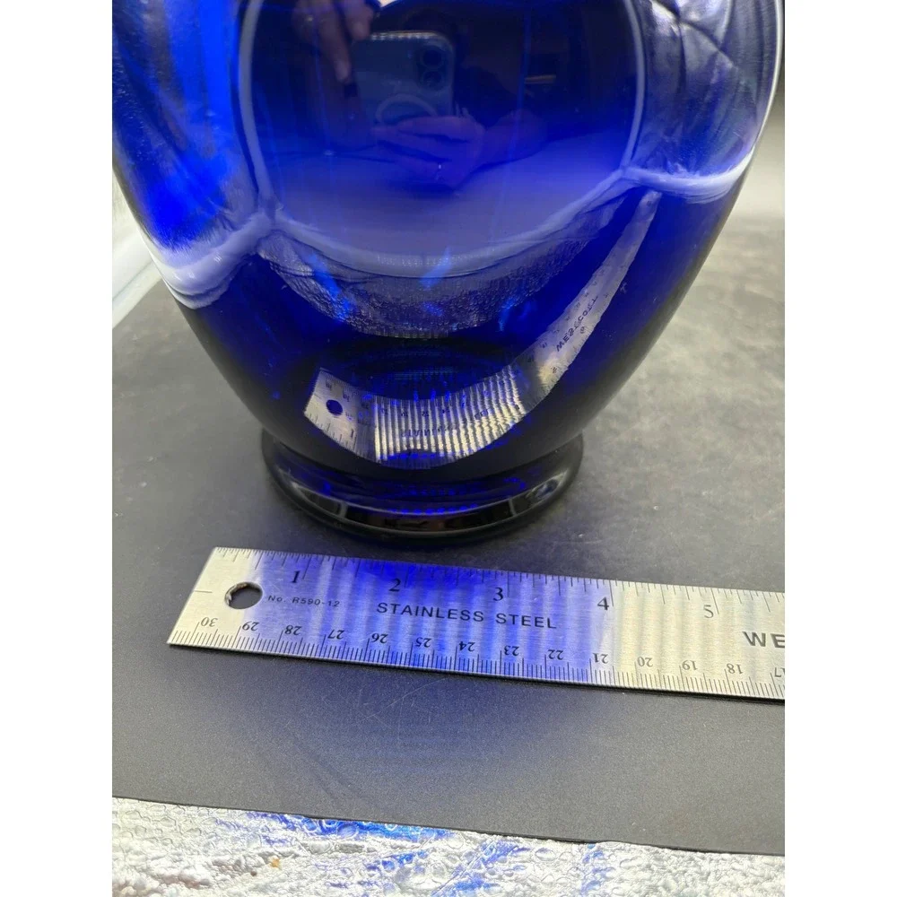 Vintage Cobalt Blue Glass Bulbous Vase Flared Rim Pedestal Base 7 Inch